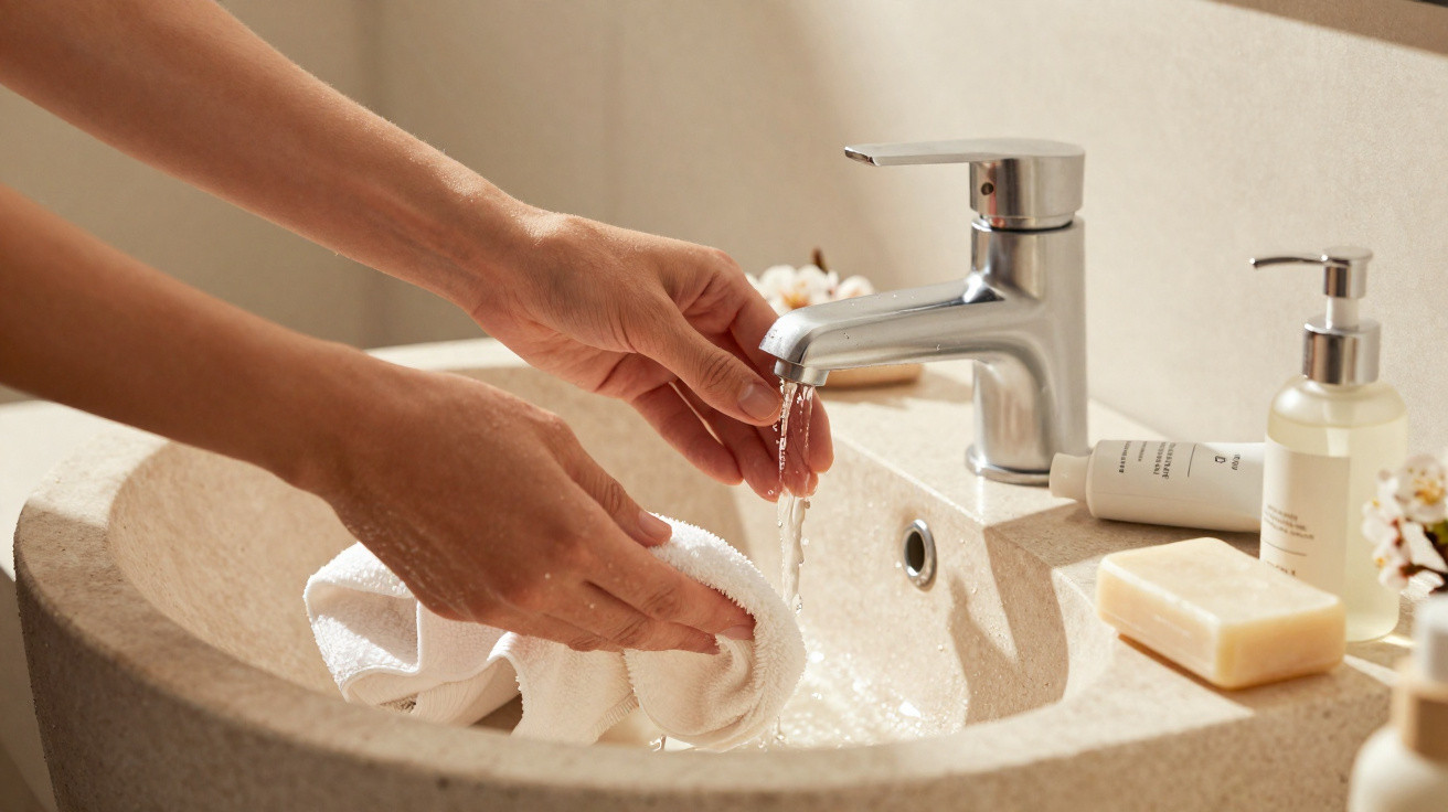 Mãos femininas a recolher água corrente numa pia com sabonete, toalha branca e produtos de higiene ao fundo.