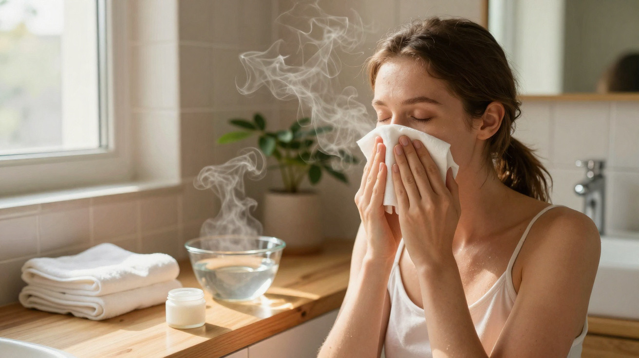 Mulher a inalar vapor de uma tigela de água quente, aliviando sintomas de congestão nasal em casa.