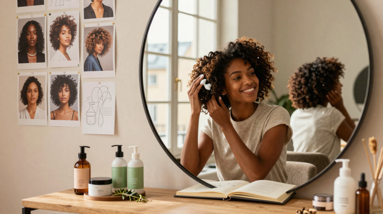 Mulher sorridente a aplicar produto no cabelo encaracolado sentada à frente de espelho redondo com produtos de beleza na mesa