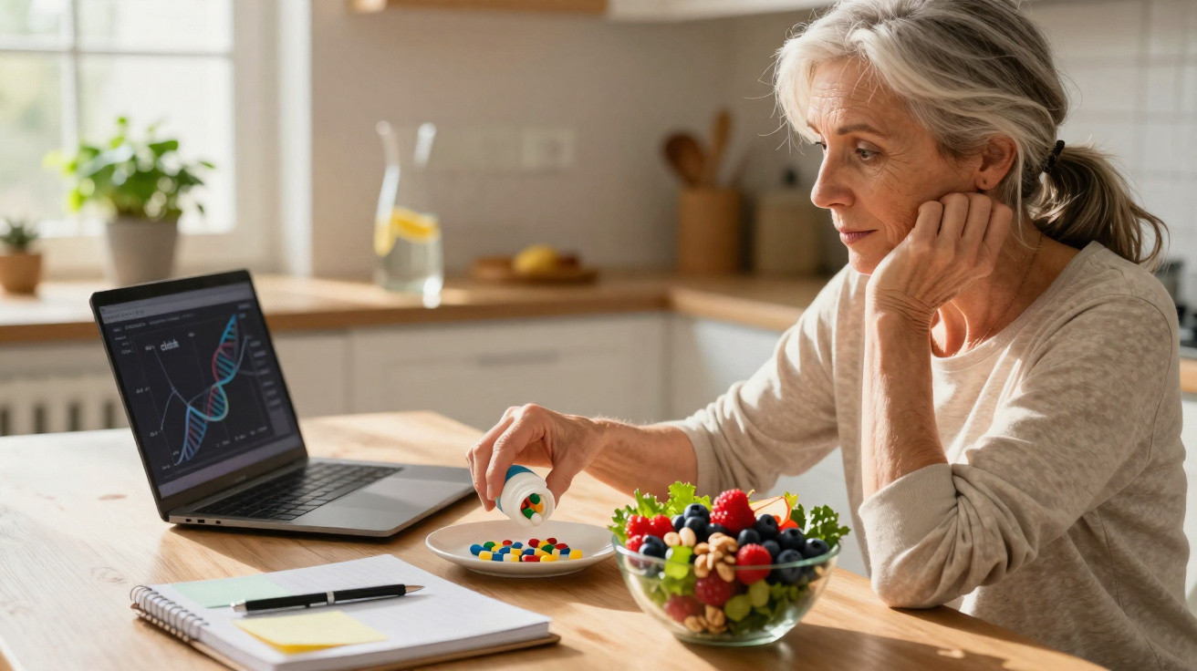 Mulher idosa na cozinha perto de computador, a ver e escolher entre vitaminas e fruta fresca numa tigela.