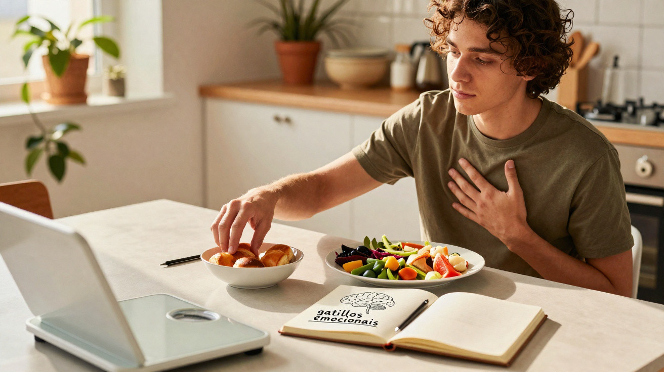 Jovem sentado à mesa com fruta e pastelaria, mão no peito e livro aberto com "gatilhos emocionais".