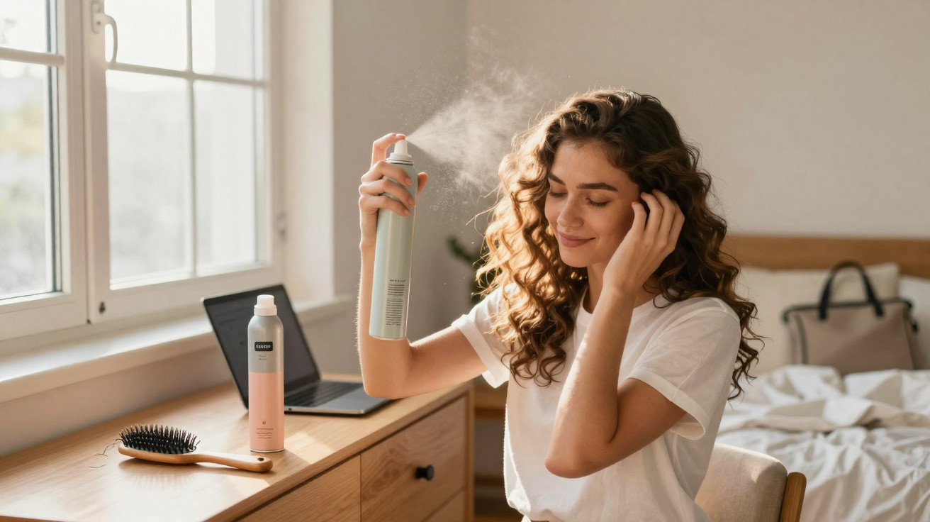 Mulher com cabelo encaracolado a aplicar spray fixador num quarto iluminado perto de secretária com laptop e escova.
