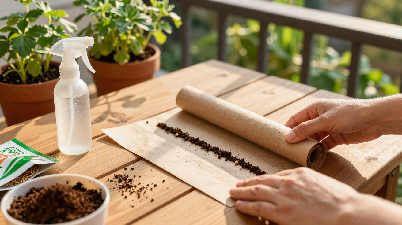 Mãos a enrolar papel com sementes e terra sobre mesa de madeira com plantas e pulverizador ao lado.