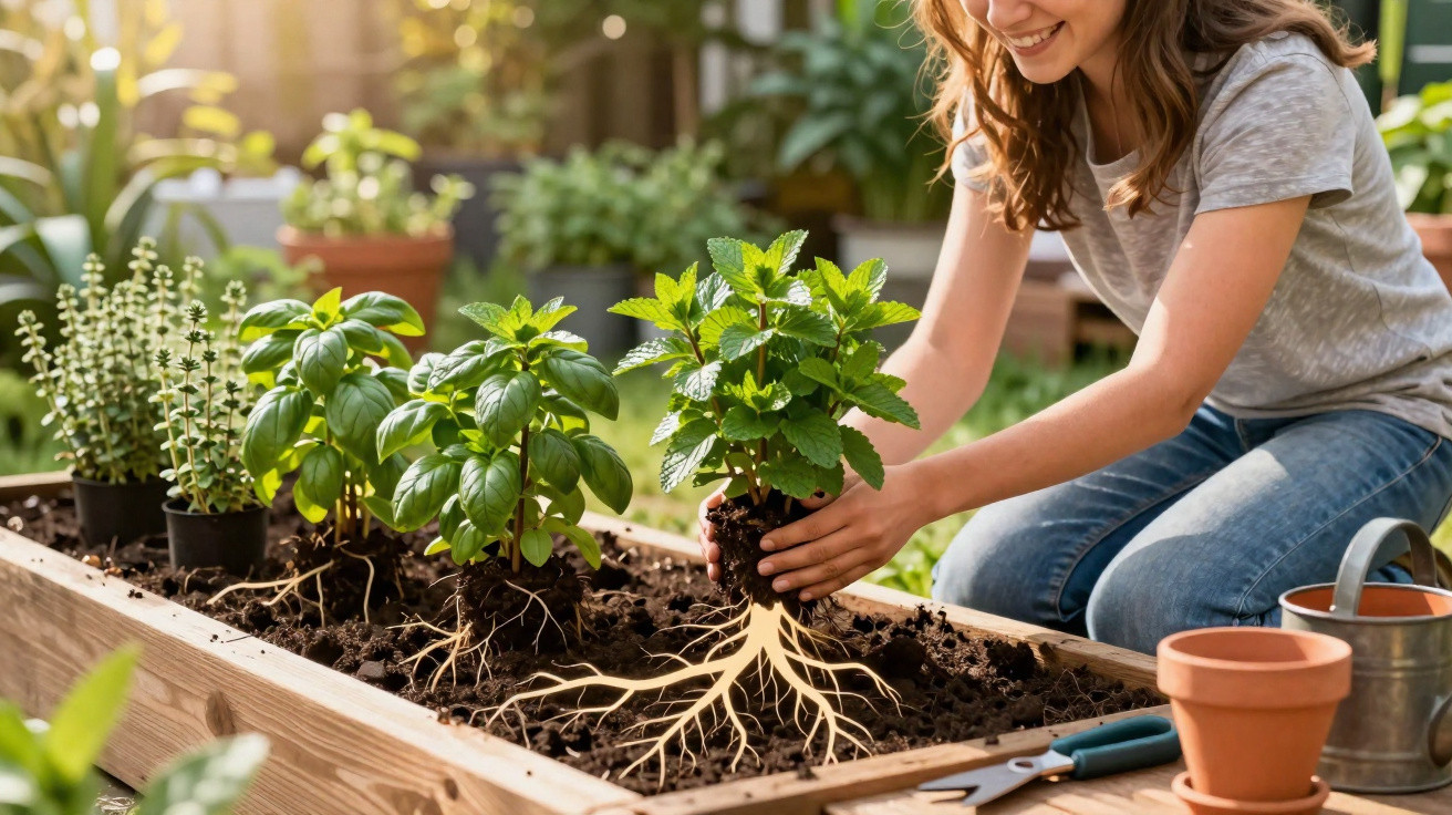 Mulher a plantar ervas aromáticas numa cama de cultivo elevada num jardim ensolarado.