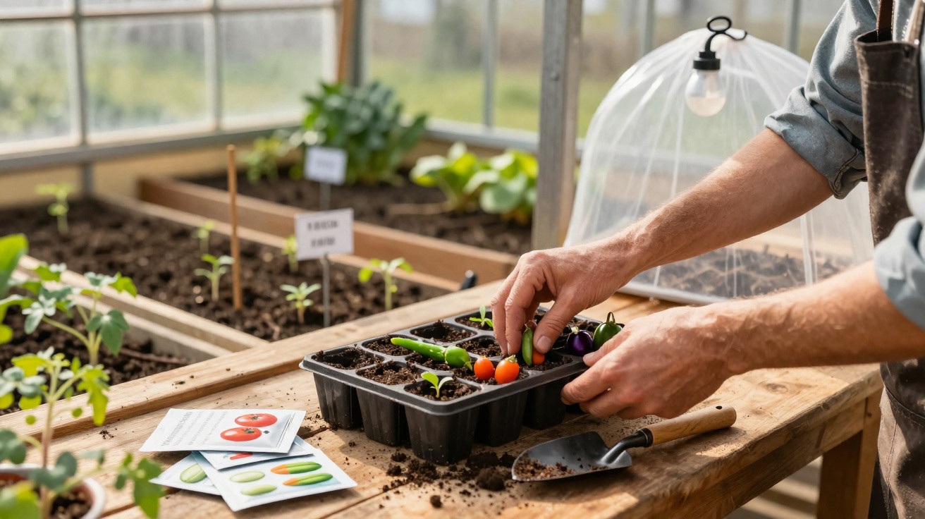 Mãos a plantar sementes de tomate numa pequena estufa com mudas e ferramentas de jardinagem sobre mesa de madeira.