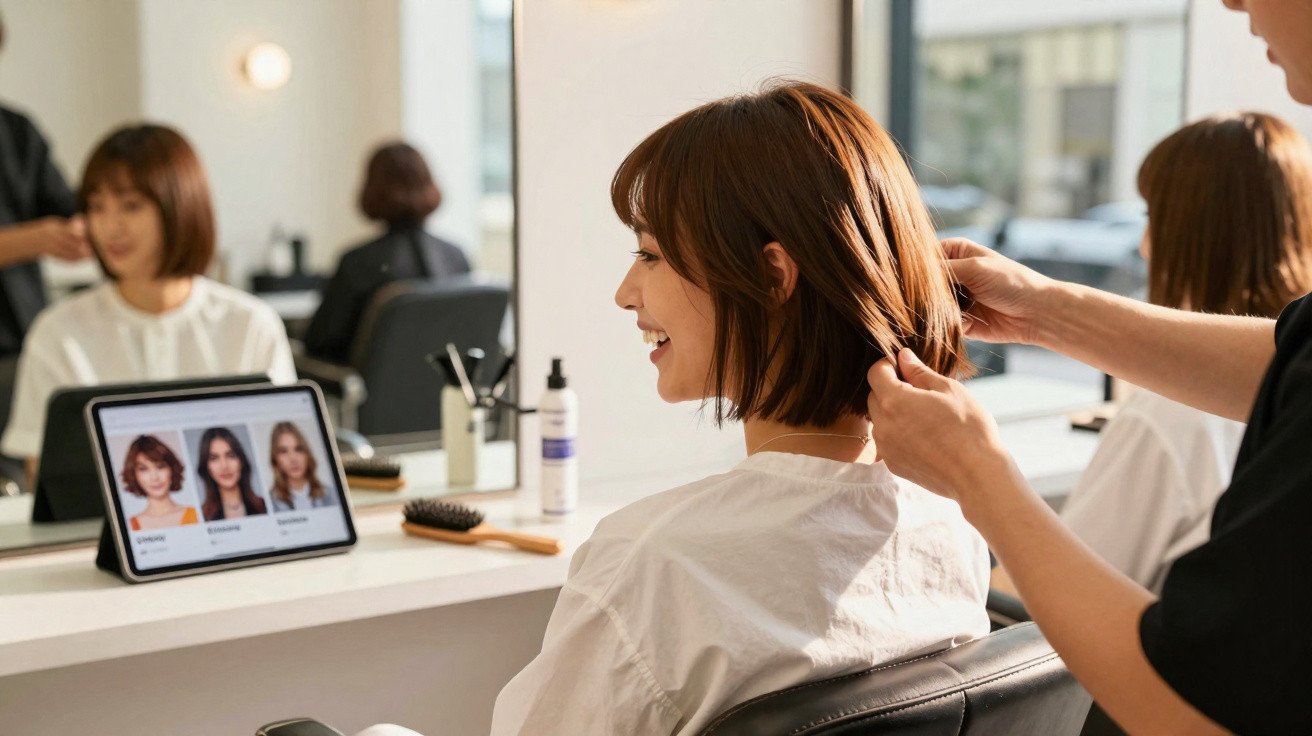 Mulher sorridente no salão a escolher novo corte de cabelo, com cabeleireiro a manusear os seus cabelos.