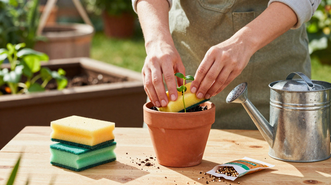 Mãos usando esponja para cuidar de planta jovem em vaso de barro com regador metálico ao lado.