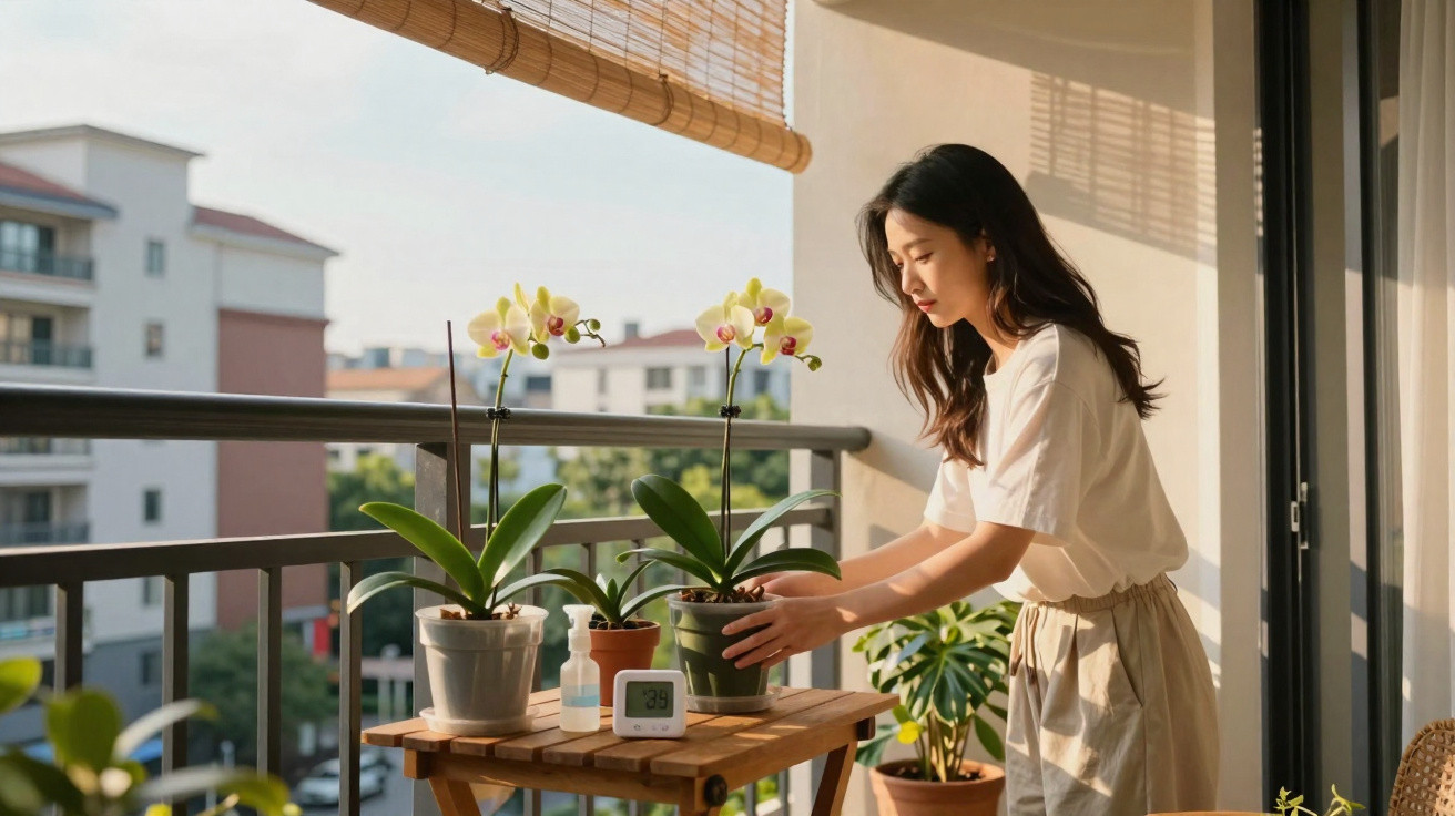 Mulher jovem a cuidar de orquídeas num terraço ensolarado com plantas e vista urbana ao fundo.