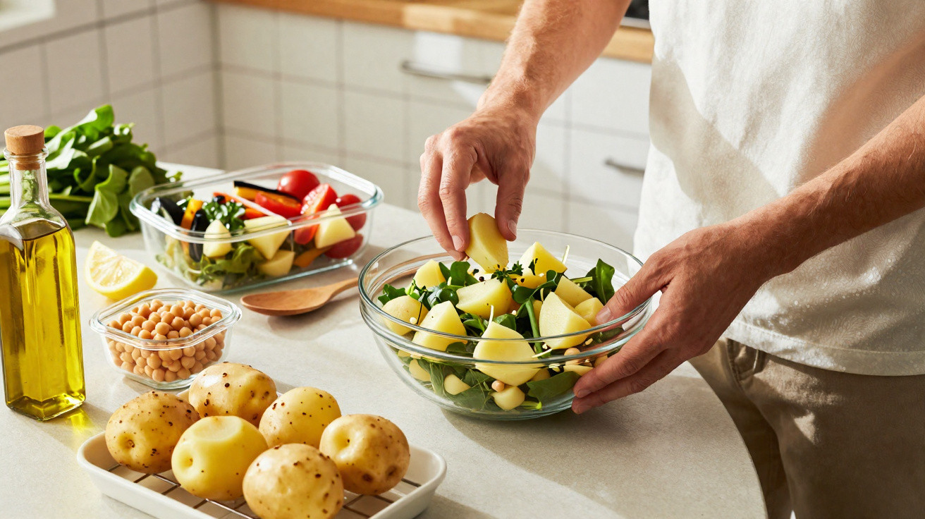 Pessoa a preparar salada com batatas, espinafres, grão-de-bico e tomate numa cozinha clara.