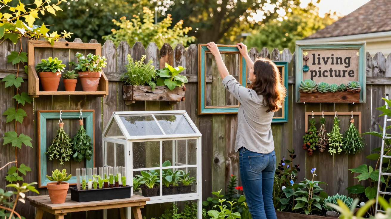 Mulher organiza moldura numa vedação de madeira rodeada de plantas e estufa pequena num jardim caseiro.