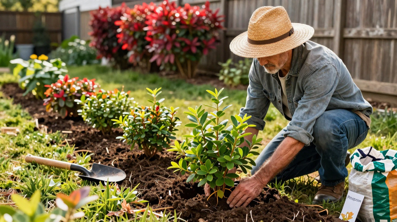 Homem com chapéu a plantar arbusto num jardim ensolarado, com ferramentas e saco de terra.