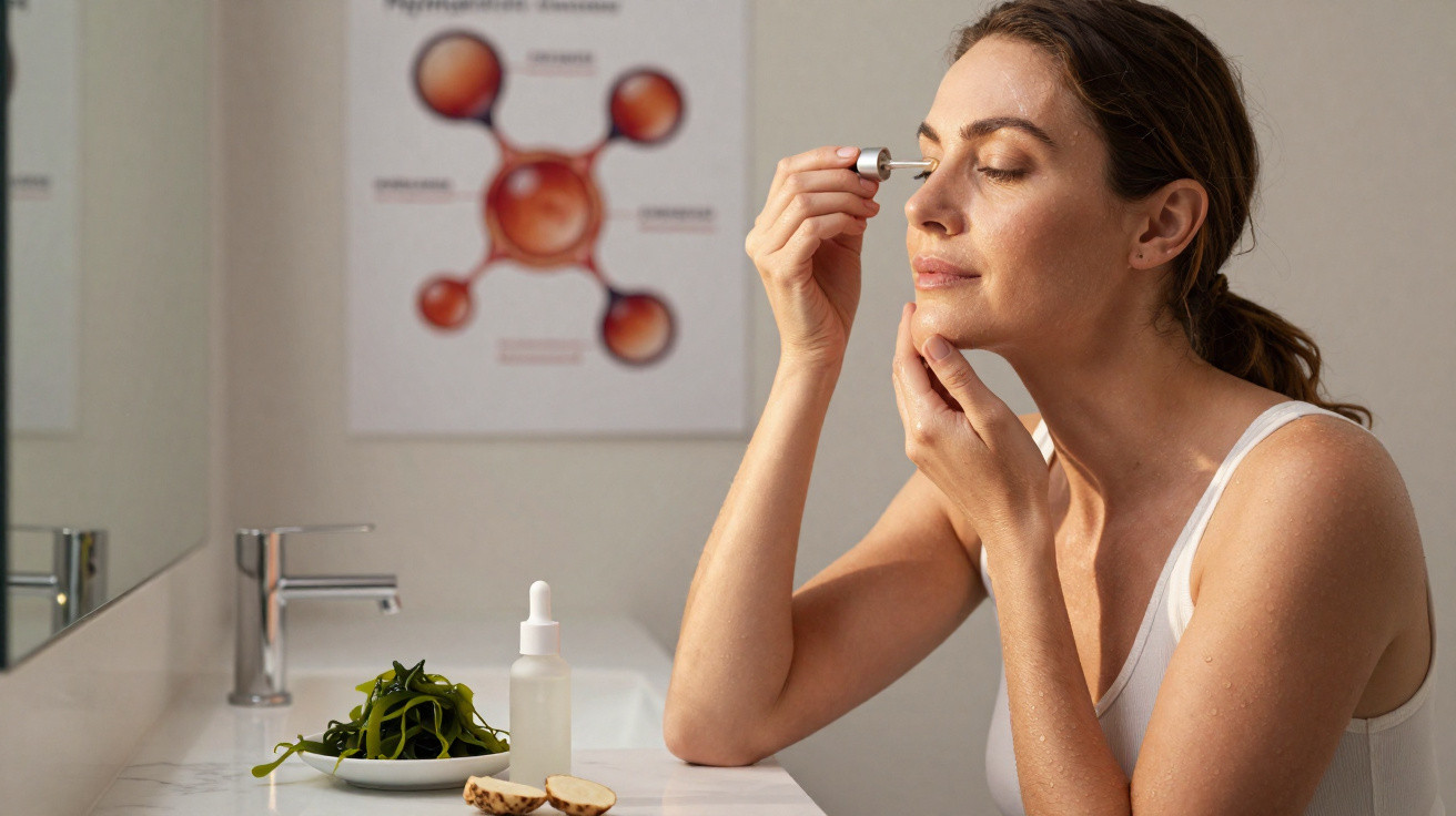 Mulher aplica sérum facial num ambiente de lavatório com produtos naturais e gráfico científico ao fundo.