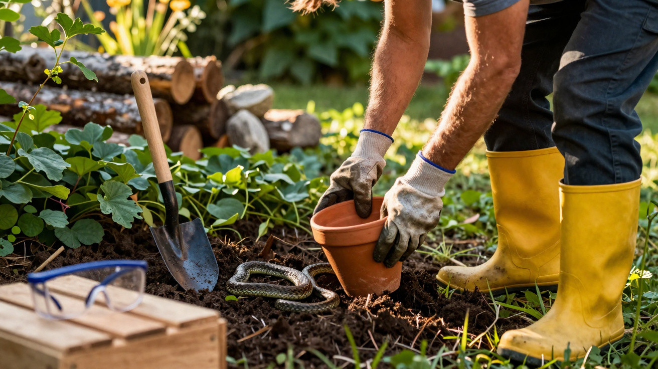Pessoa de botas amarelas a colocar um vaso na terra perto de uma cobra num jardim com plantas verdes.