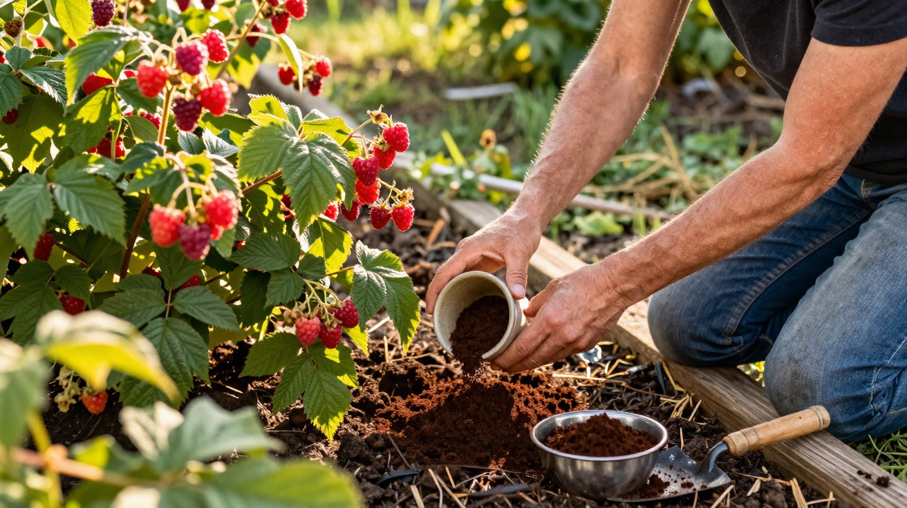 Pessoa a deitar composto orgânico na terra junto a um arbusto de framboesas num jardim.