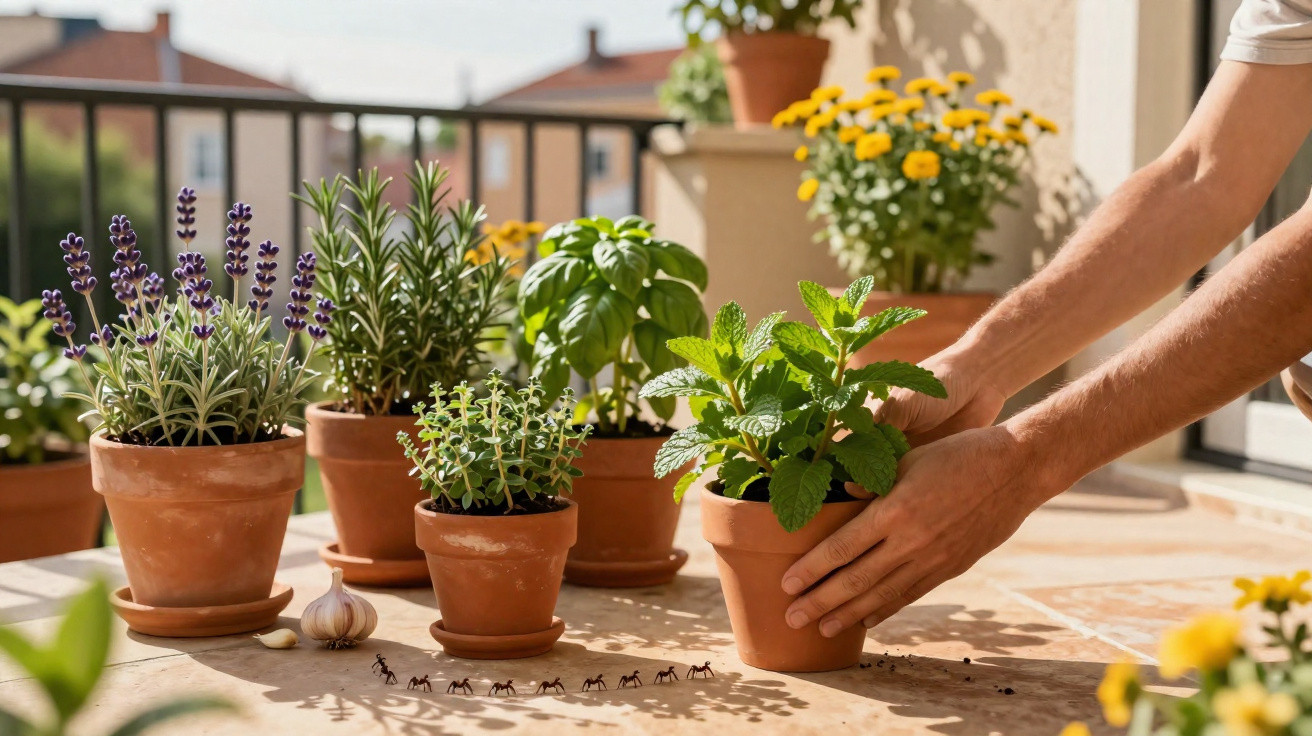 Mãos a cuidar de plantas aromáticas em vasos de barro num terraço ensolarado com outras plantas e formigas.