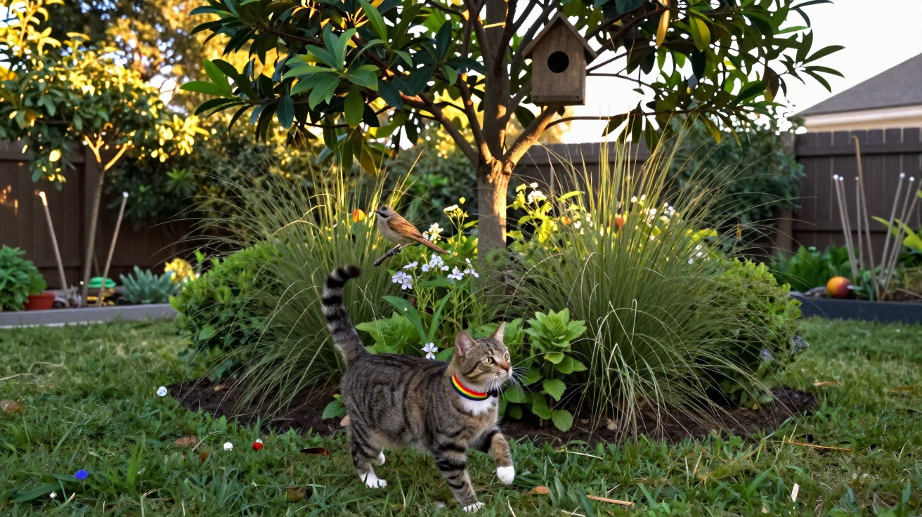 Gato listrado com coleira colorida na relva perto de arbusto com um pássaro e casa de pássaros pendurada na árvore.