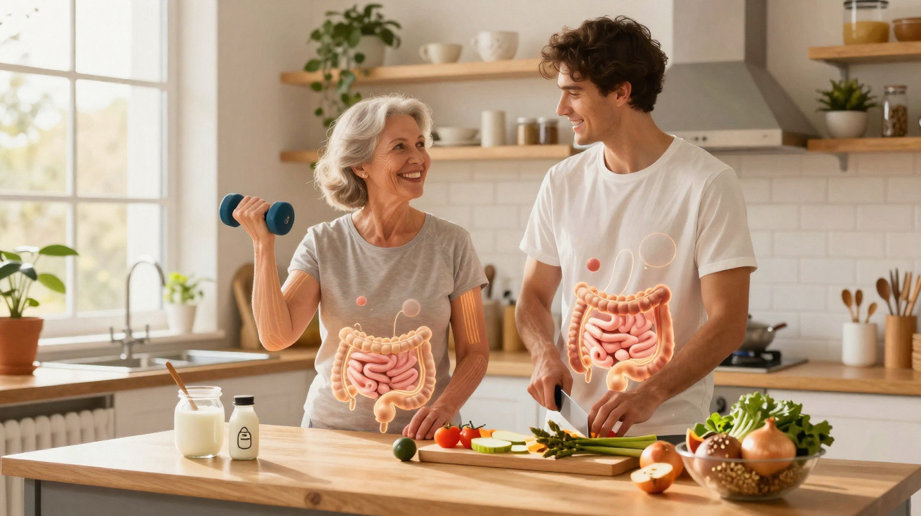 Senhora idosa com haltere e jovem a cortar legumes com ilustrações do sistema digestivo na cozinha.