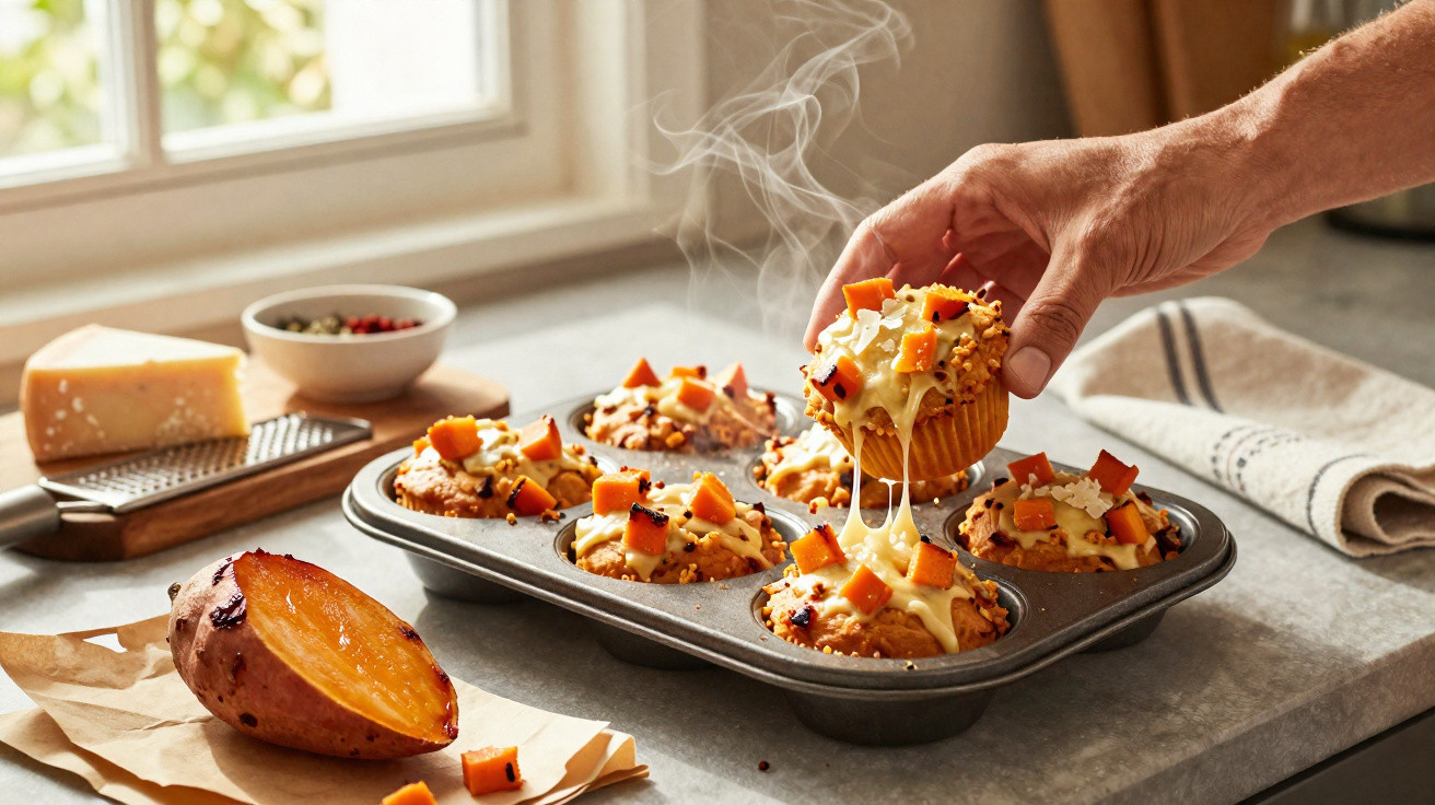 Mão a retirar muffin quente de queijo derretido e pedaços de batata doce de forma metálica na bancada.