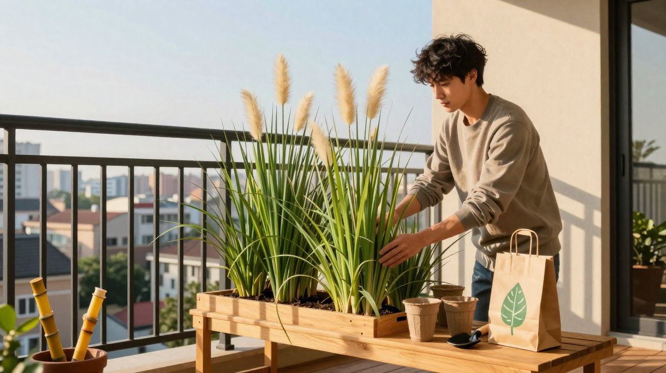 Jovem a cuidar de plantas altas num vaso de madeira numa varanda com sacos e ferramentas de jardinagem.