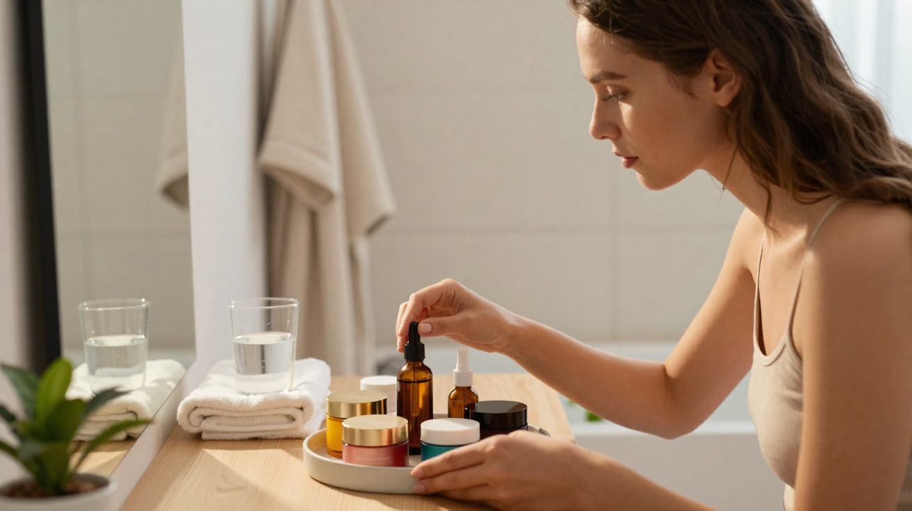 Mulher a aplicar sérum facial num ambiente de casa-de-banho com produtos de beleza numa bandeja.