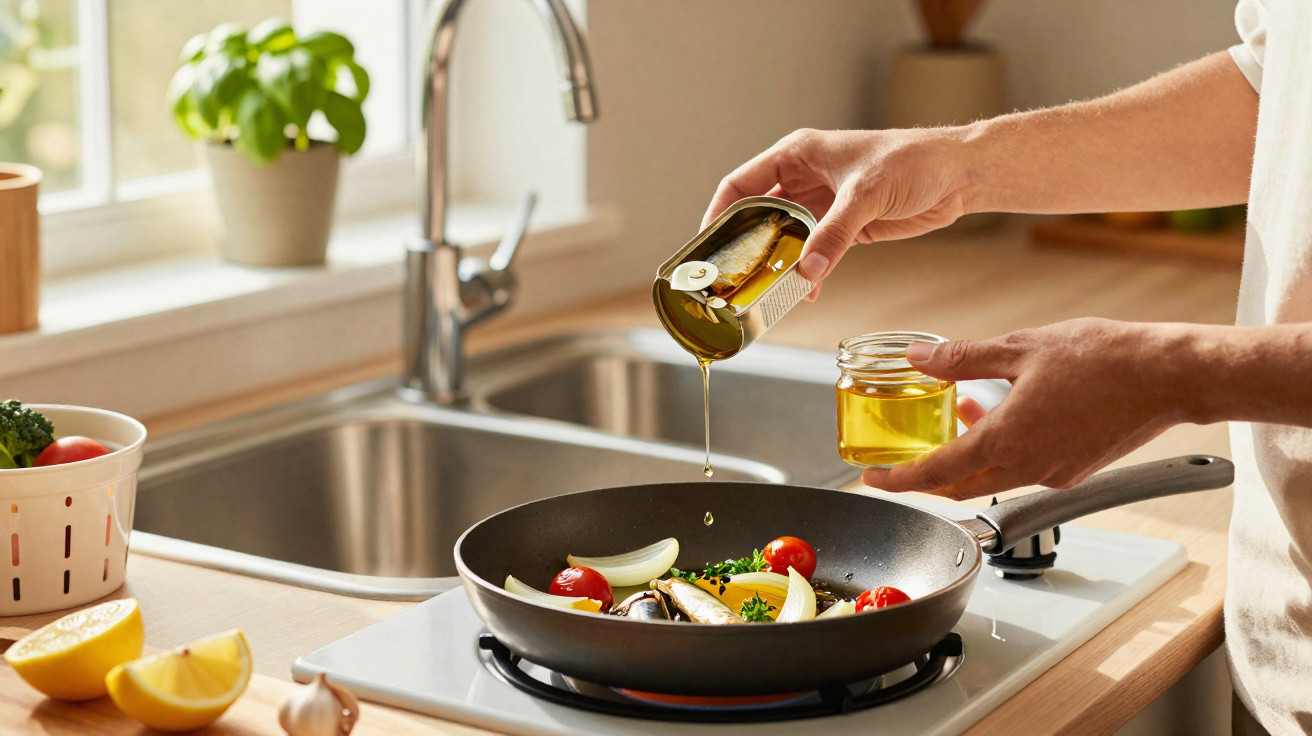 Pessoa a deitar azeite numa frigideira com legumes frescos numa cozinha iluminada por luz natural.