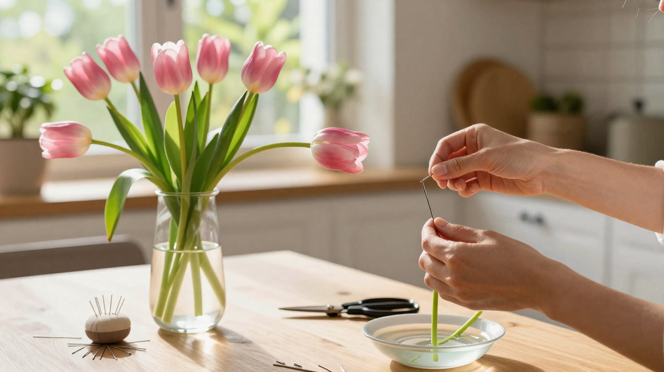 Mãos a arranjar tulipas cor-de-rosa numa jarra num ambiente de cozinha bem iluminado.