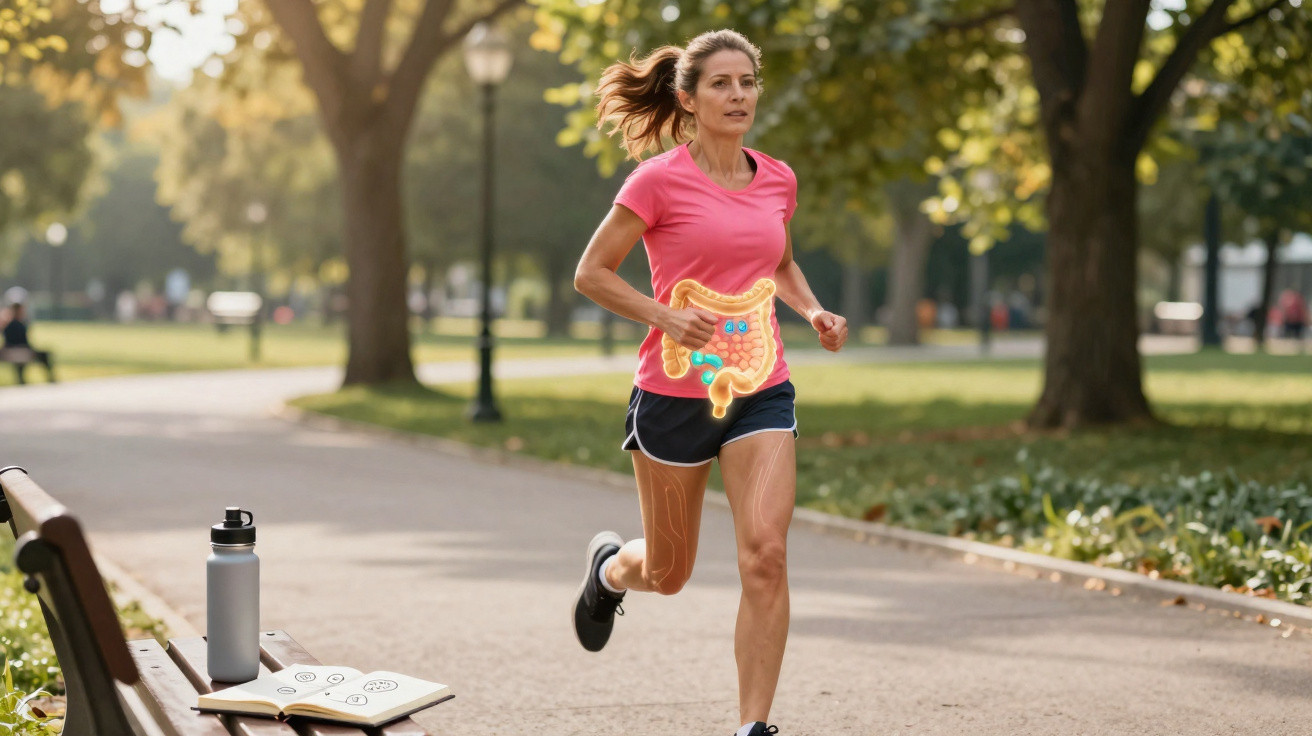 Mulher a correr num parque com ilustração do sistema digestivo sobre o abdómen.