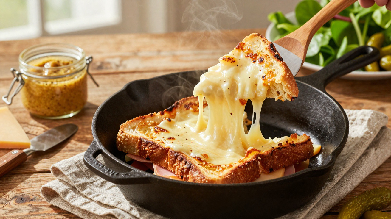 Sandes quente com queijo derretido, presunto, numa frigideira preta sobre mesa de madeira.