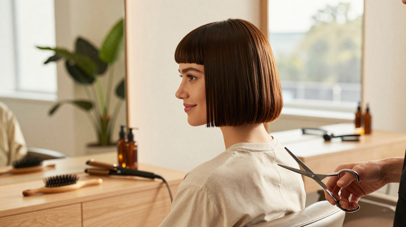 Mulher de cabelo curto castanho a sorrir sentada numa cadeira de cabeleireiro, pronta para corte de cabelo.