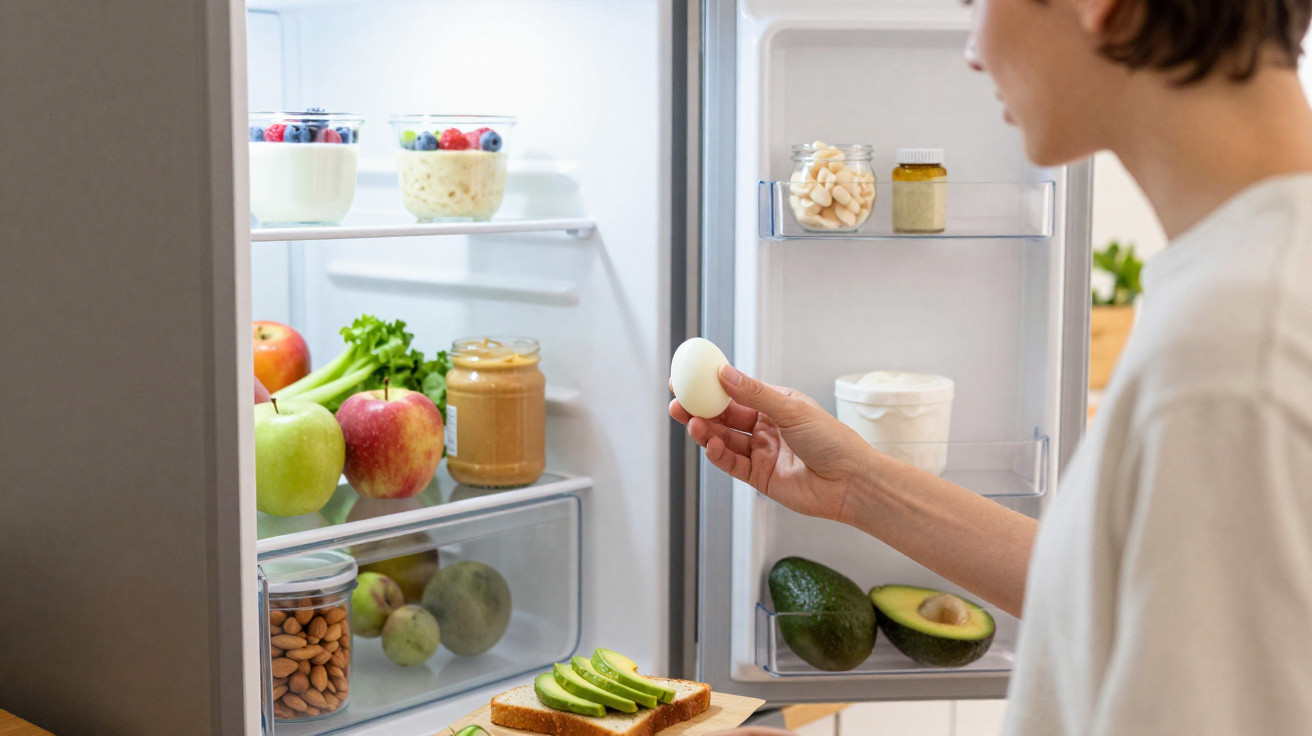 Pessoa a retirar ovo cozido do frigorífico cheio de frutas, vegetais e pão com abacate fatiado.