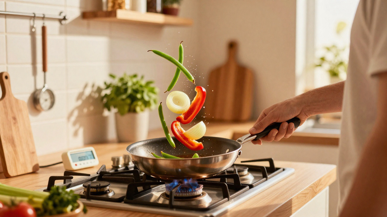 Legumes a saltar numa frigideira sobre o fogão a gás numa cozinha moderna, com mão a segurar a frigideira.