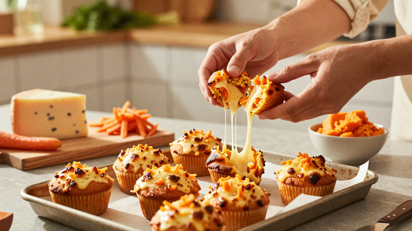 Mãos a partir de um muffin quente, queijo derretido a esticar, muffins com cobertura de queijo e cenoura numa tabuleiro.