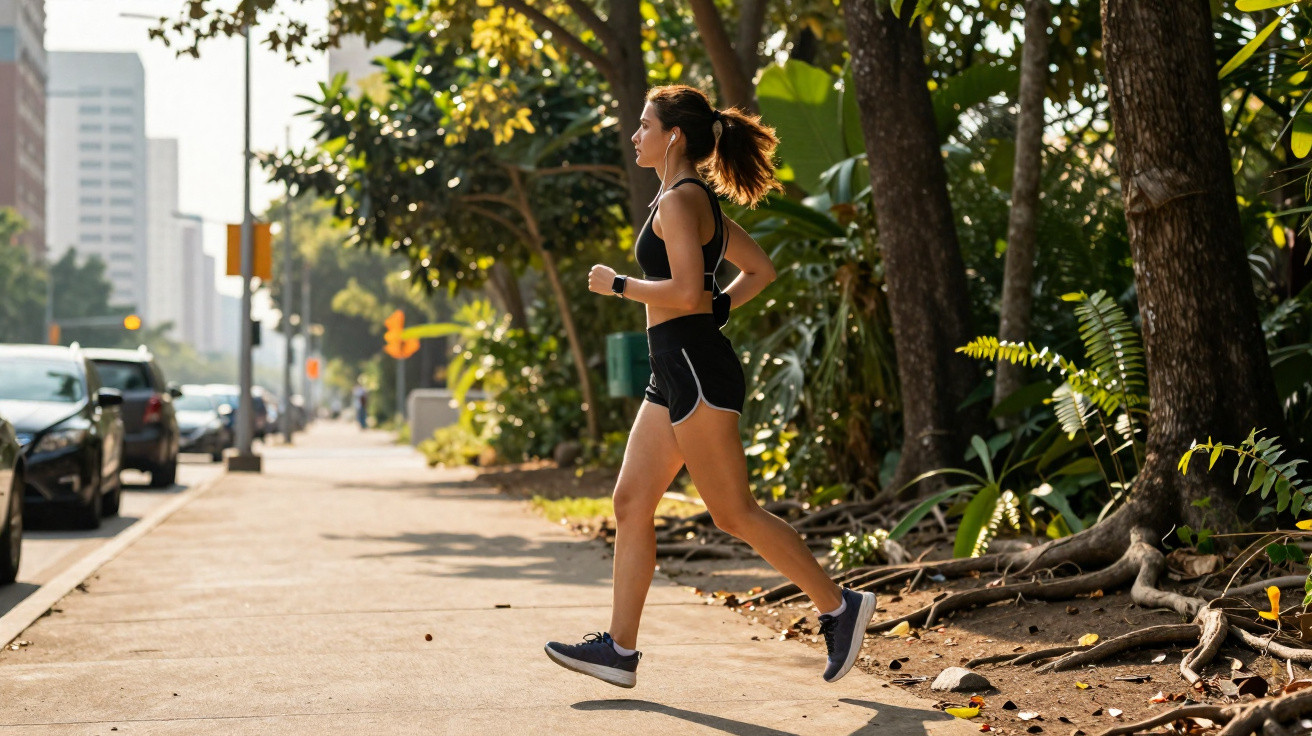 Mulher a correr com roupas desportivas num passeio urbano junto a árvores e carros estacionados.
