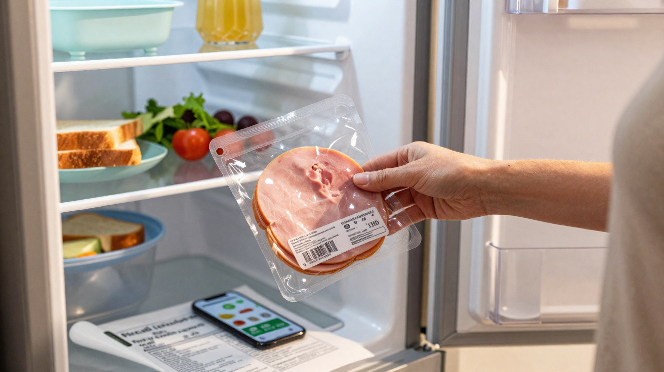 Mão a guardar fiambre embalado no congelador aberto, com alimentos e smartphone no interior.