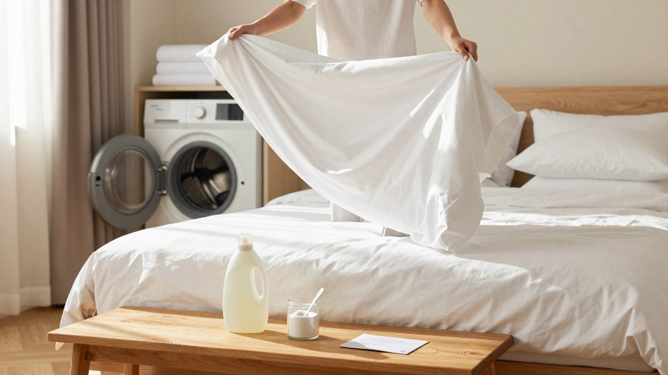 Pessoa a estender lençol branco numa cama com máquina de lavar roupa ao fundo num quarto iluminado.