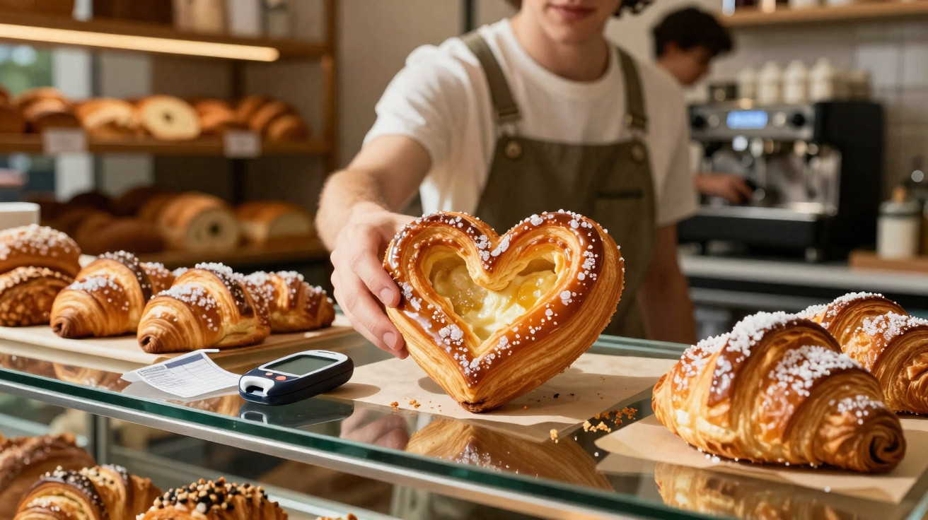 Pessoa a servir um pastel em forma de coração numa pastelaria com vários croissants e doces expostos.