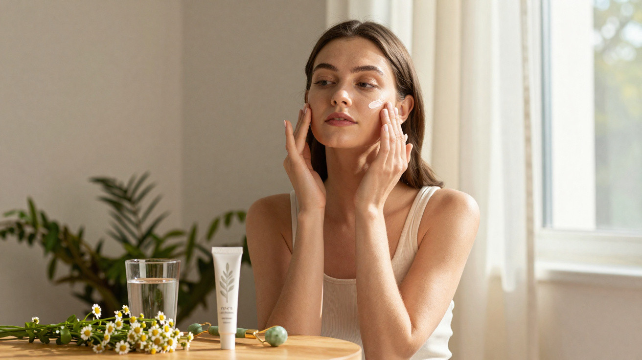 Mulher jovem a aplicar creme facial sentada à mesa com flores, frasco de creme e copo de água ao lado.