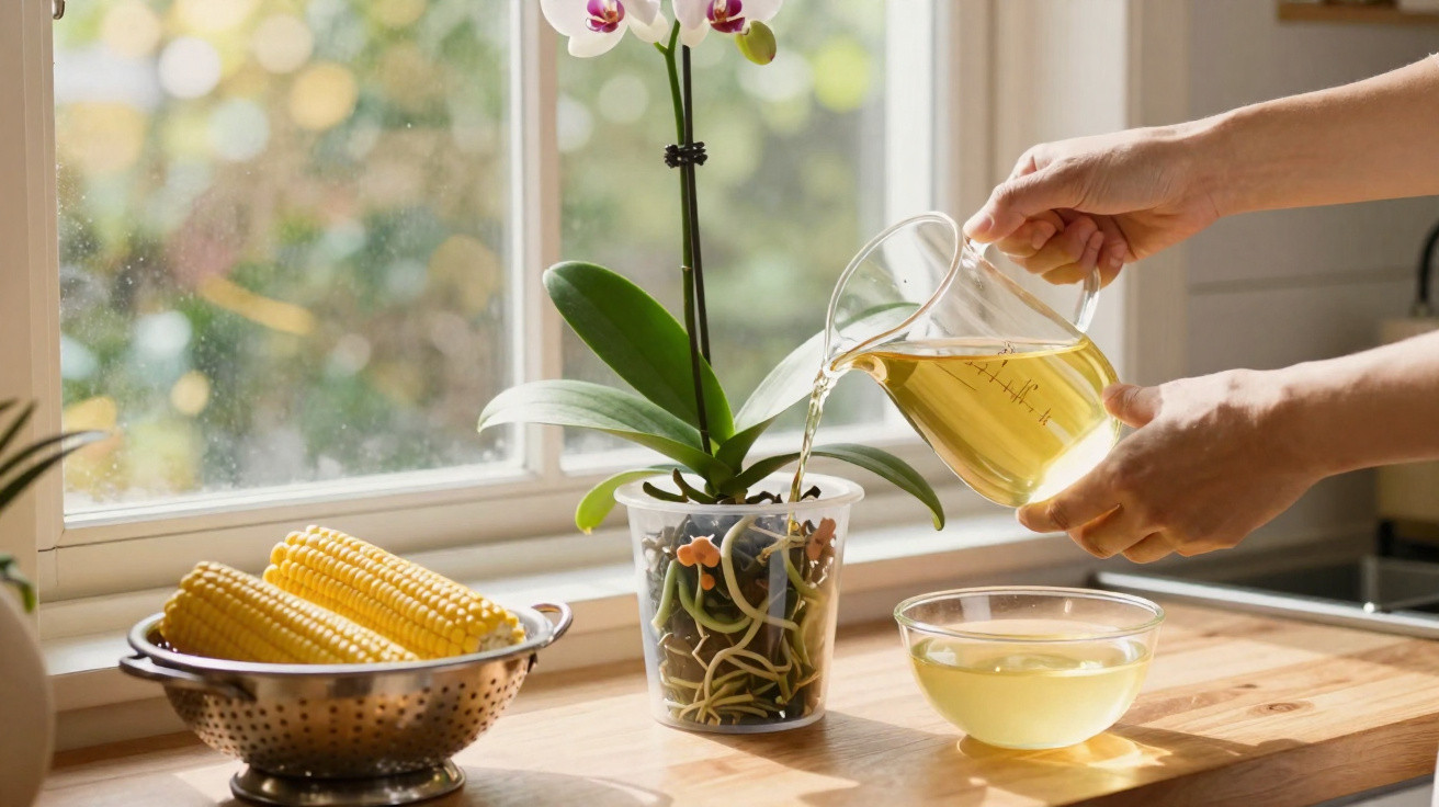 Pessoa a regar uma orquídea num vaso transparente junto a uma janela com espigas de milho ao lado.