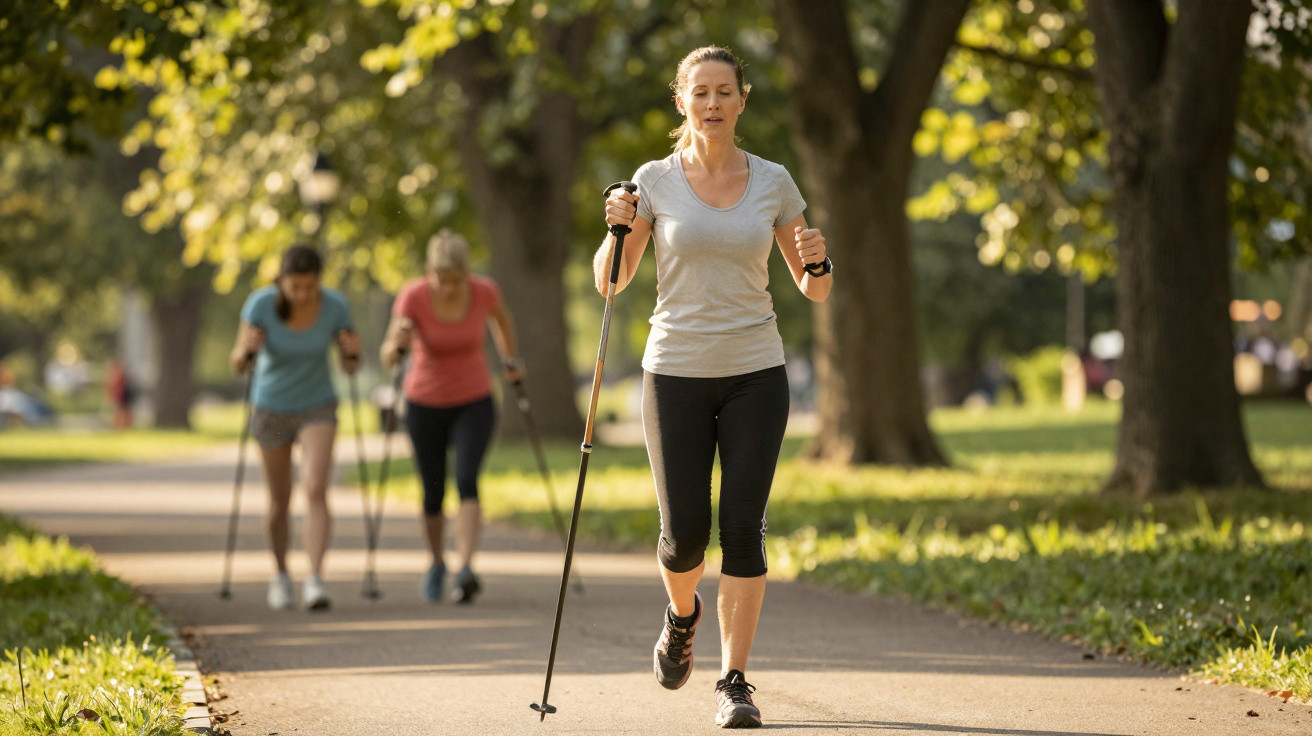 Mulheres a praticar caminhada com bastões num parque ensolarado com árvores e relva verde.