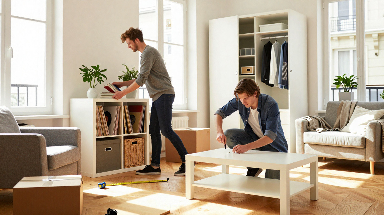Dois homens a montar móveis e organizar uma sala com caixas e plantas, em ambiente iluminado.