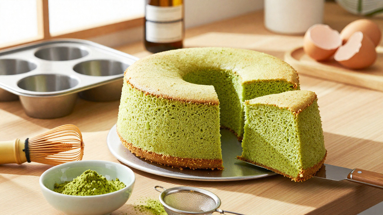 Bolo esponjoso verde com uma fatia retirada, colocado numa bancada de madeira com utensílios de cozinha.