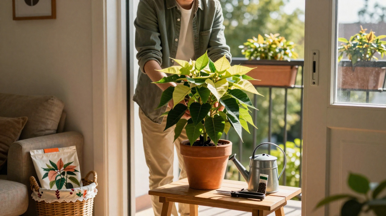 Pessoa a cuidar de planta com folhas verdes e amarelas em vaso num ambiente iluminado e acolhedor.