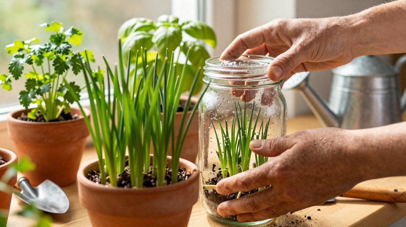 Mãos a transplantar planta de cebolinho de vaso para frasco de vidro numa bancada junto à janela.