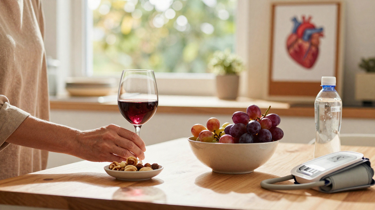 Pessoa a segurar copo de vinho tinto junto a mesa com frutos secos, uvas, medidor de pressão e garrafa de água.