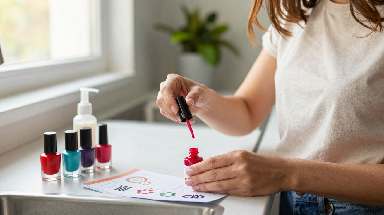 Pessoa a pintar as unhas com verniz vermelho numa mesa com várias cores e um frasco de desinfetante.