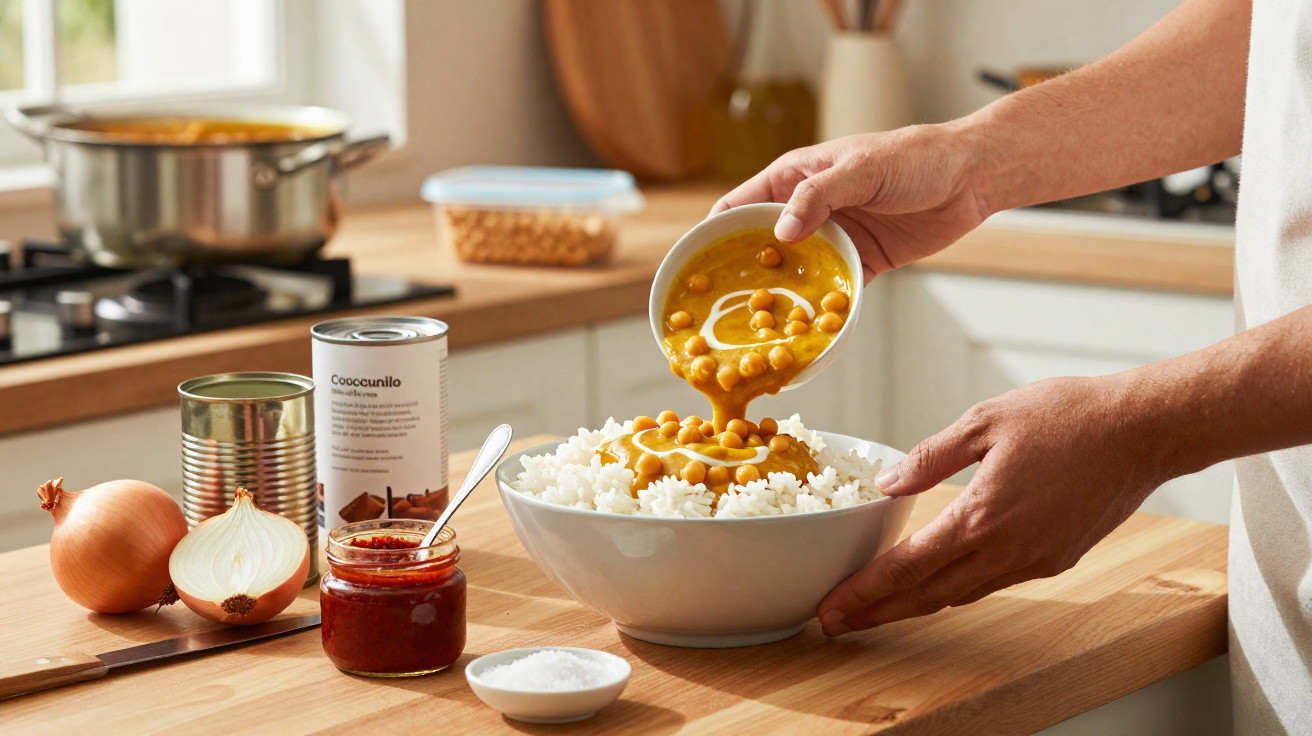 Mãos a deitar grão com molho sobre arroz branco numa tigela numa cozinha com ingredientes ao fundo.