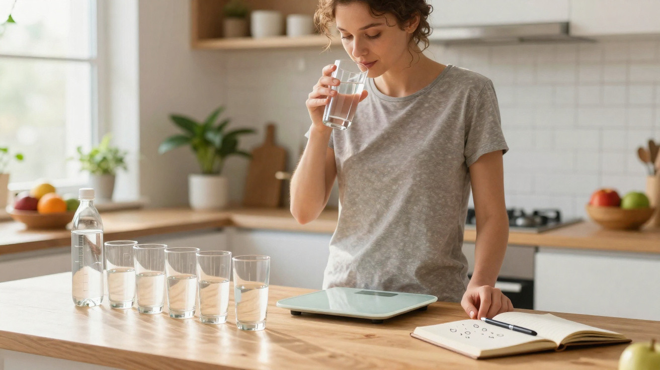 Mulher a beber água em copo, ao lado de vários copos com água, balança e caderno numa cozinha moderna.