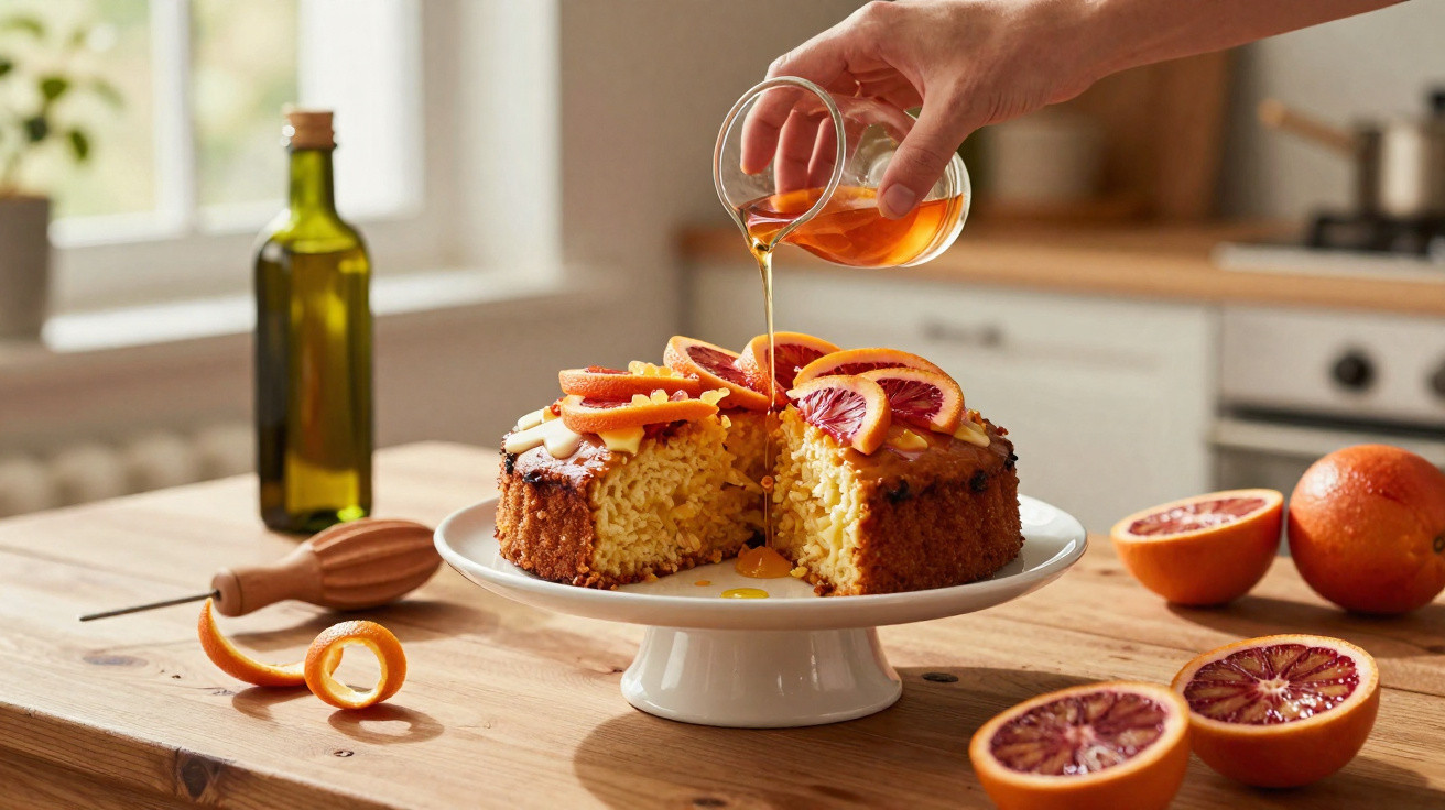 Bolo cortado com fatias de laranja e calda a ser vertida numa cozinha rústica.