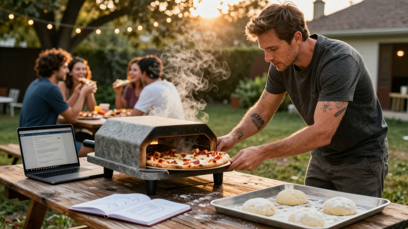Homem retirando pizza acabada de assar de forno portátil ao ar livre com grupo a socializar ao fundo.