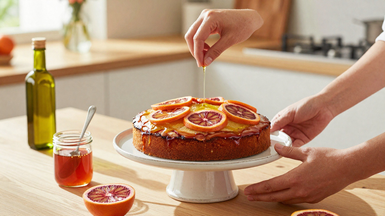 Bolo decorado com fatias de laranja numa base branca, com mel a ser vertido por uma mão.
